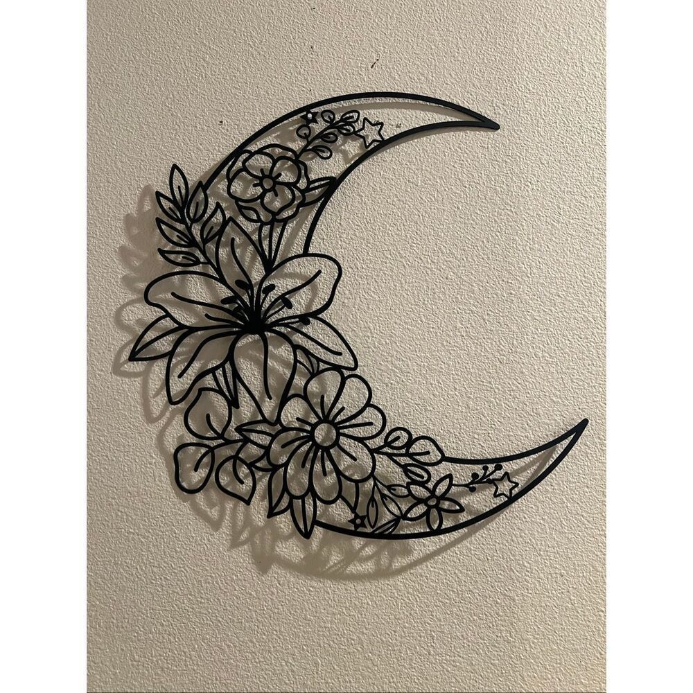 Black Metal Crescent Moon Stars Floral Lily Wall Decoration - Picture 2 of 6